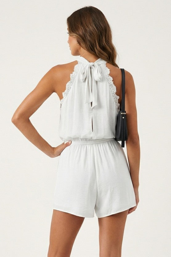Loren Lace Halter Romper in White