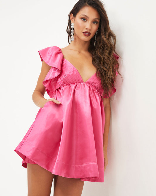 Candis Satin Tie Back Ruffle Dress in Hot Pink