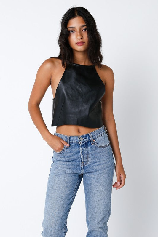 Campbell Highneck Faux Leather Top in Black