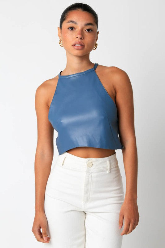 Campbell Highneck Faux Leather Top in Slate Blue