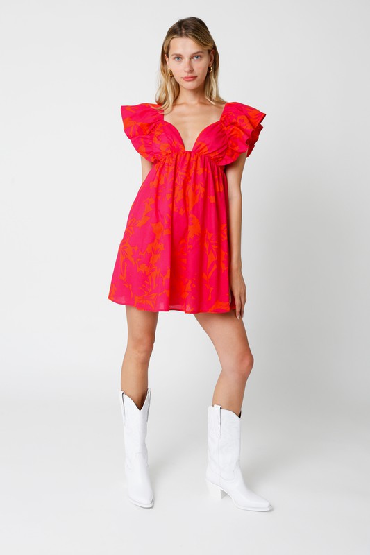 Iris Floral Tie Back Ruffle Dress in Red/Pink