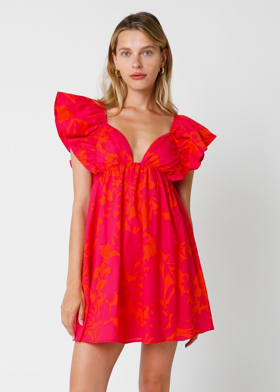 Iris Floral Tie Back Ruffle Dress in Red/Pink