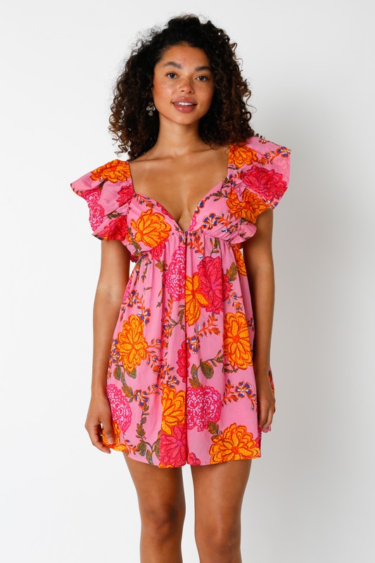Cecilia Floral Tie Back Ruffle Dress in Pink/Orange