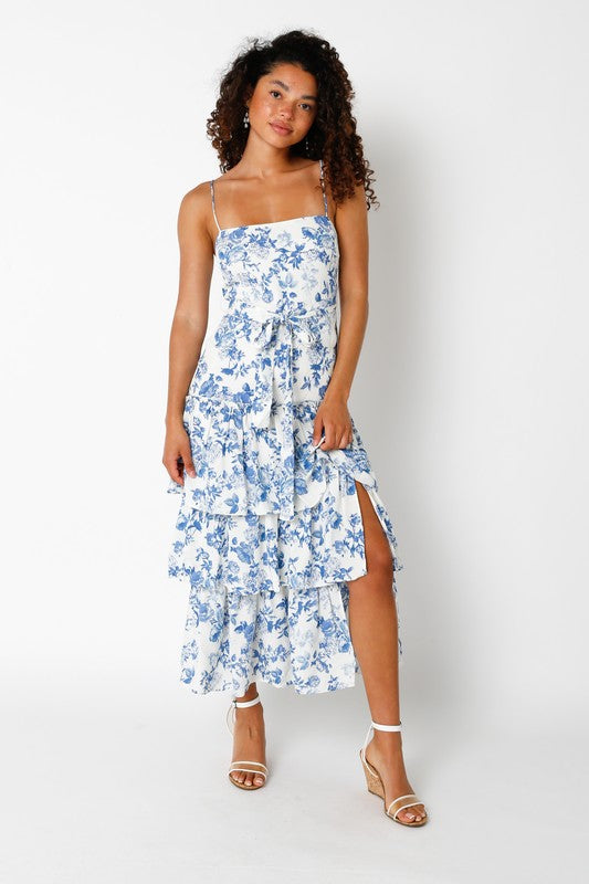 Raleigh Tiered Ruffle Midi Dress in Blue/White