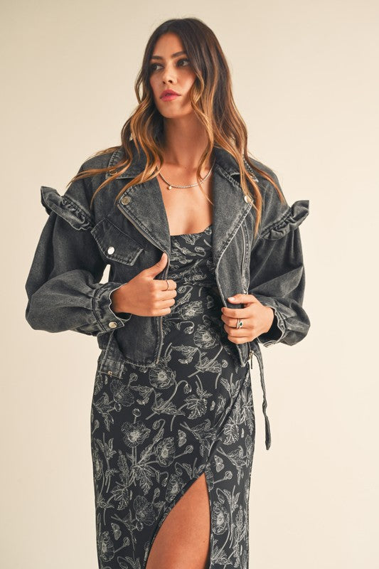 Josephina Ruffle Moto Jacket in Black Denim