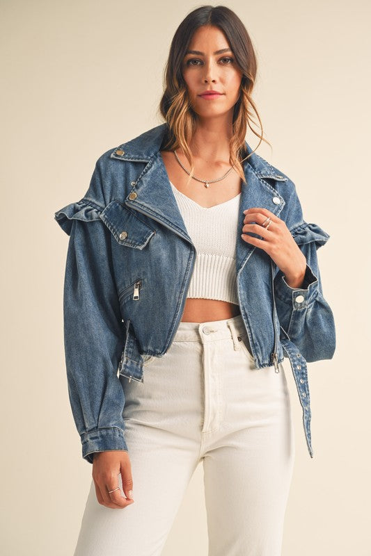 Josephina Ruffle Moto Jacket in Blue Denim