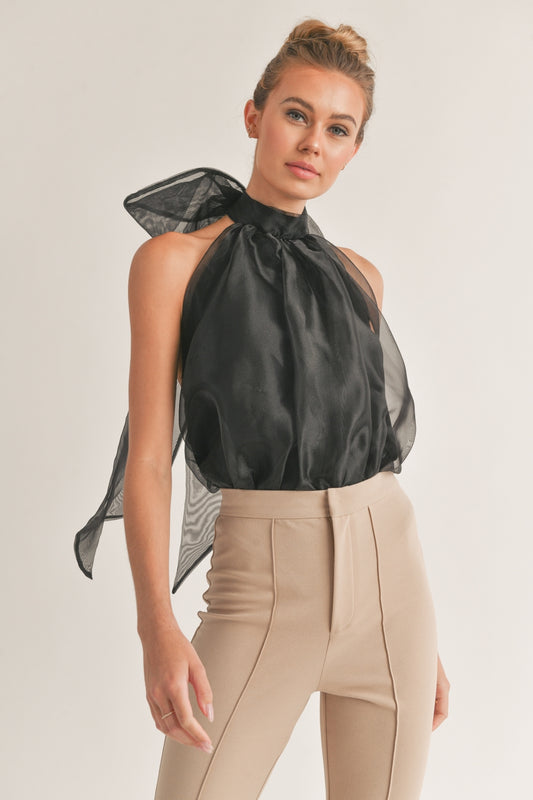 Poppie Tulle Halter Bodysuit in Black