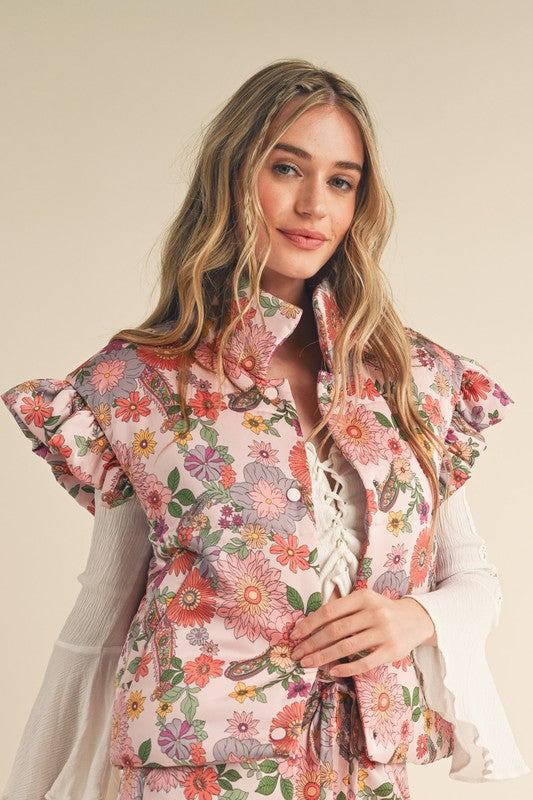 Adalina Floral Ruffle Puffer Vest