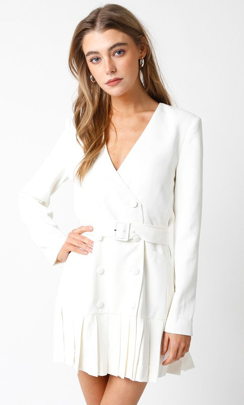 Miller Pleated Blazer Dress in White