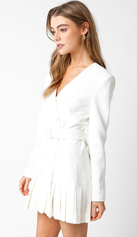 Miller Pleated Blazer Dress in White