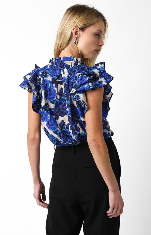Hollen Floral Ruffle Top in Blue/Beige