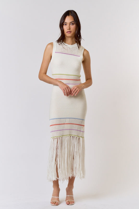 Solana Crochet Fringe Midi Dress in Cream/Multi