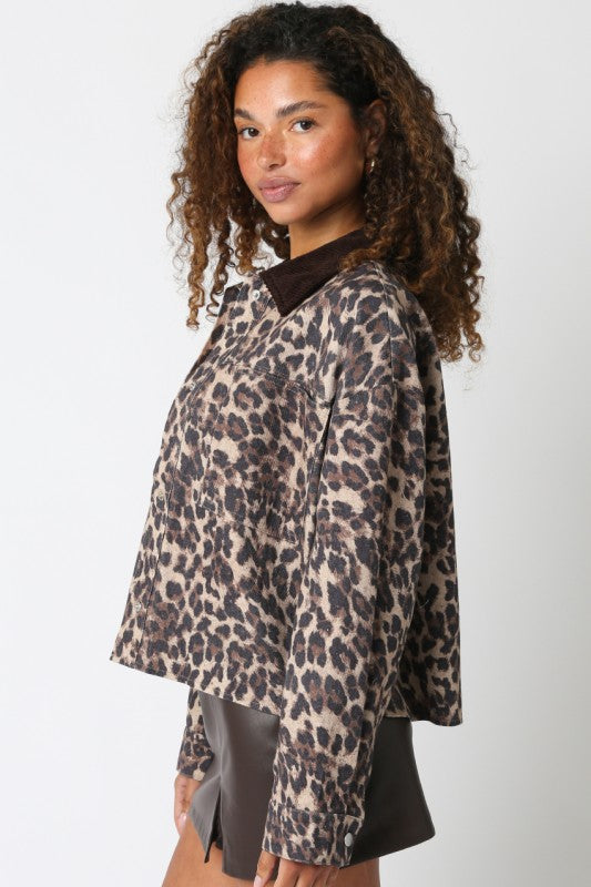 Jensin Corduroy Collared Leopard Jacket