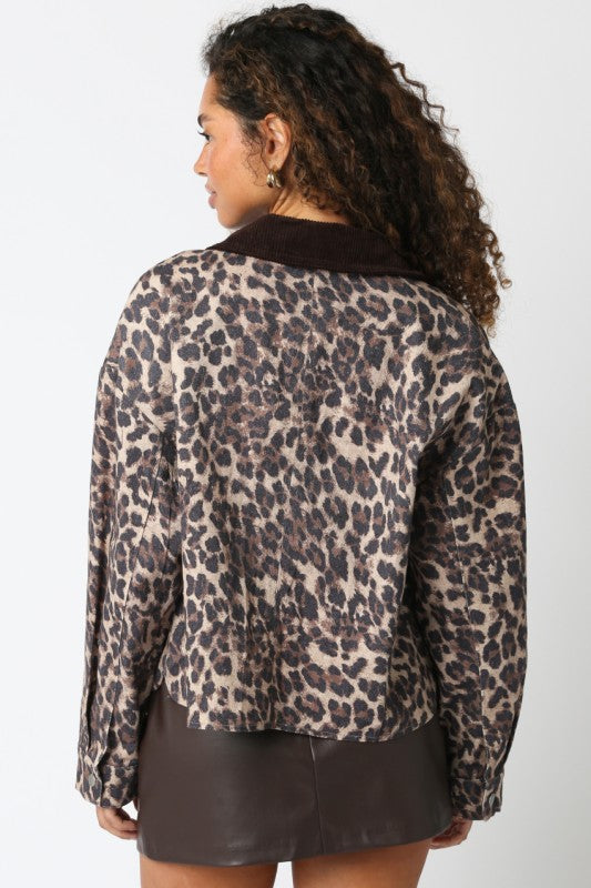 Jensin Corduroy Collared Leopard Jacket