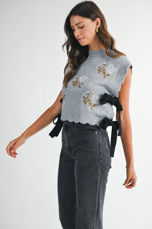 Lollie Floral Side Tie Sweater in Grey