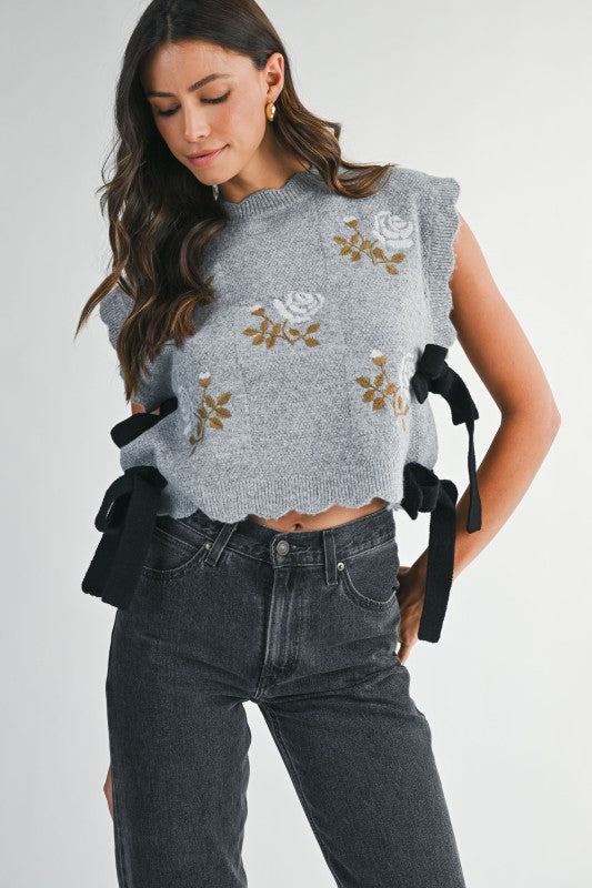 Lollie Floral Side Tie Sweater in Grey
