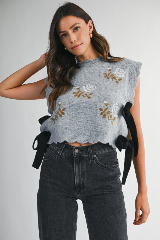 Lollie Floral Side Tie Sweater in Grey