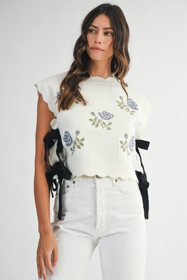 Lollie Floral Side Tie Sweater in Cream