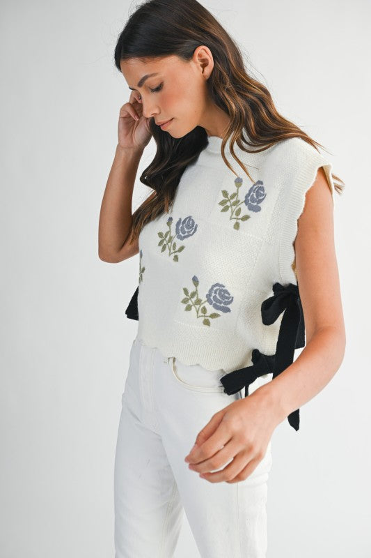 Lollie Floral Side Tie Sweater in Cream