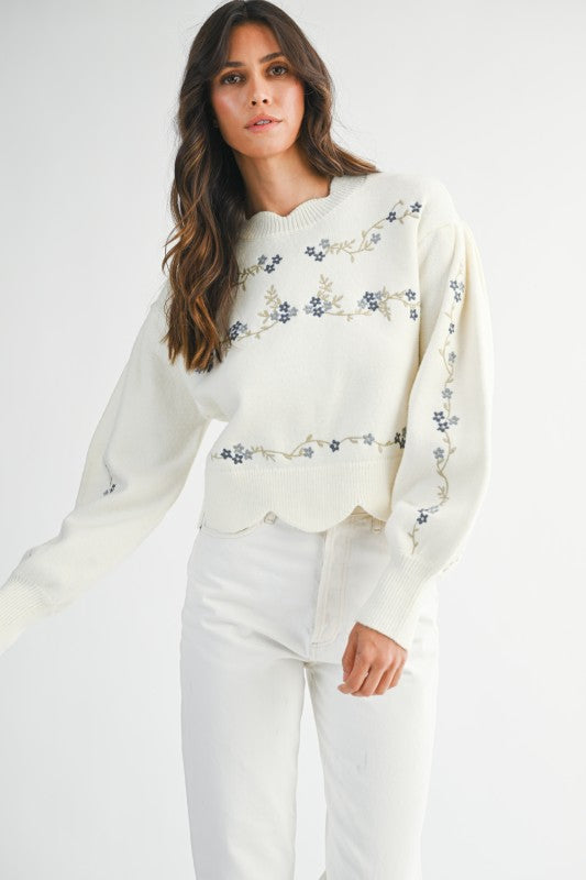 Carolena Floral Embroidered Scallop Sweater in Cream/Blue