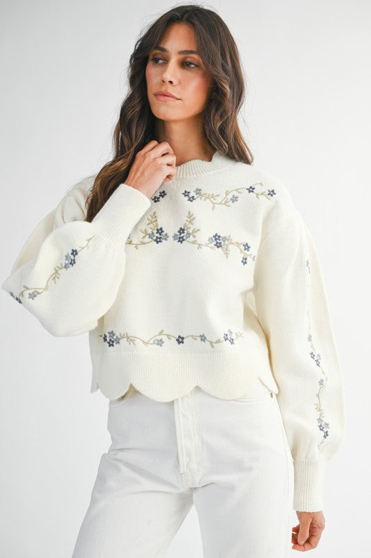 Carolena Floral Embroidered Scallop Sweater in Cream/Blue