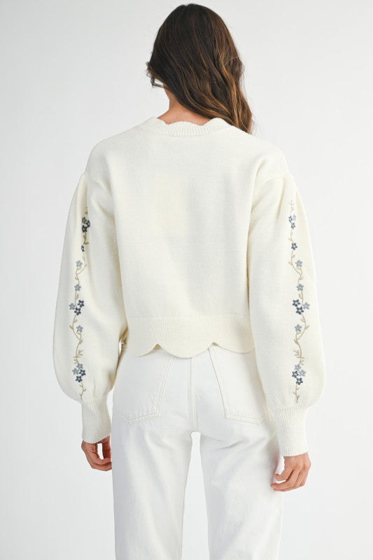 Carolena Floral Embroidered Scallop Sweater in Cream/Blue