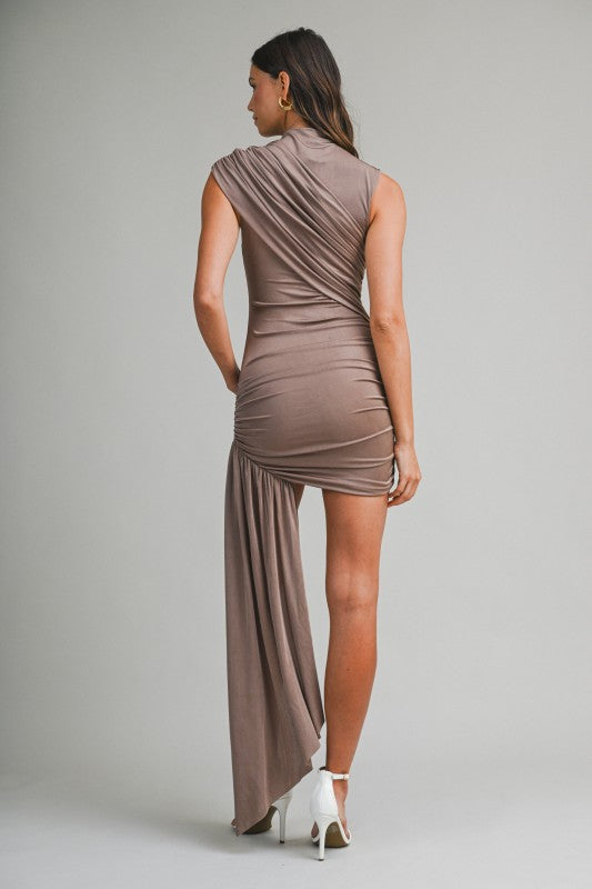 Cignette Ruched Drape Dress in Mocha