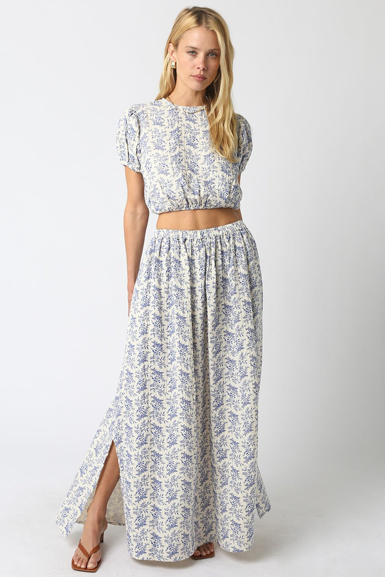 Dewy Floral Maxi Skirt in Blue