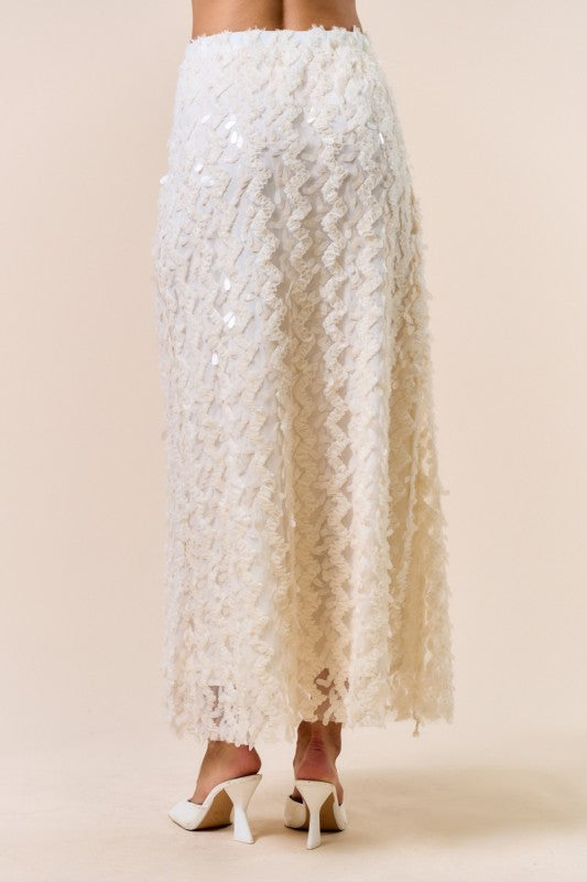 Leony Sequin Tulle Maxi Skirt in Cream