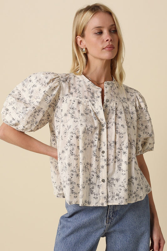Phillis Puff Sleeve Floral Top in Black/Cream