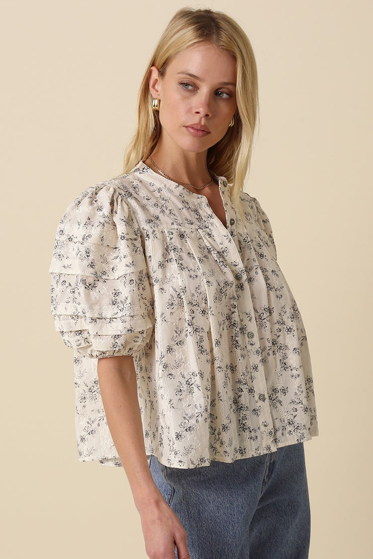 Phillis Puff Sleeve Floral Top in Black/Cream