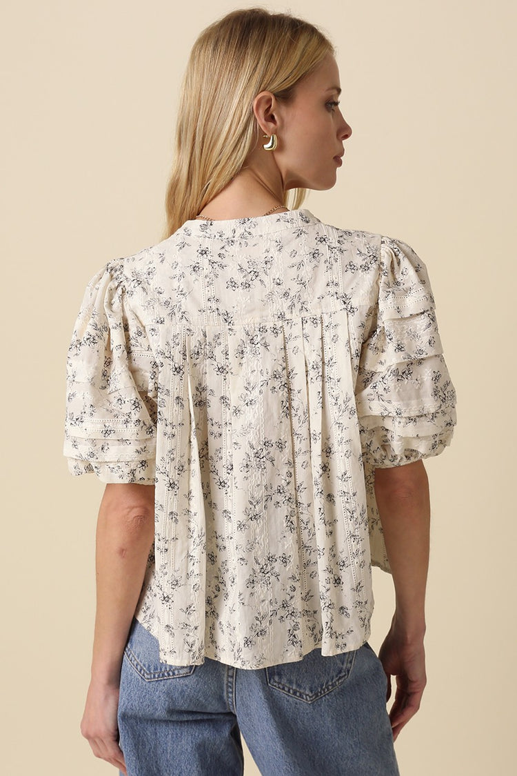 Phillis Puff Sleeve Floral Top in Black/Cream