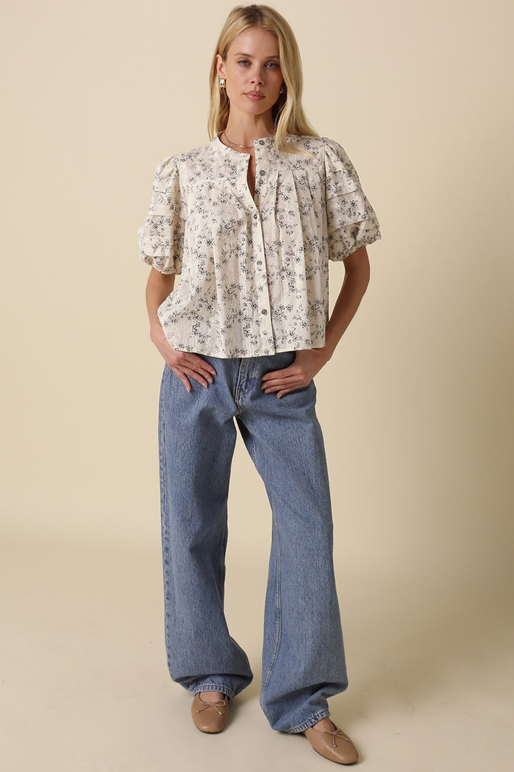 Phillis Puff Sleeve Floral Top in Black/Cream