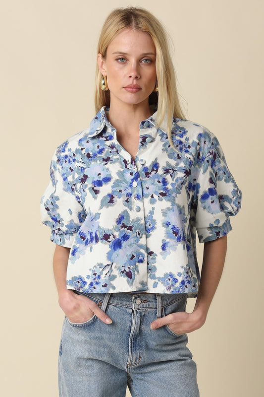 Dylan Floral Denim Puff Sleeve Top in Blue