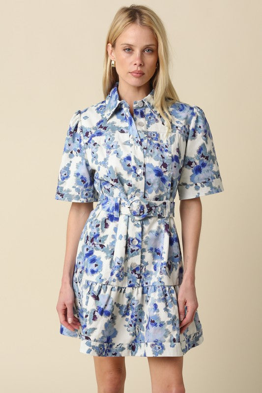 Dylan Floral Belted Denim Dress in Blue