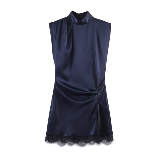Nina Lace Satin Dress in Navy