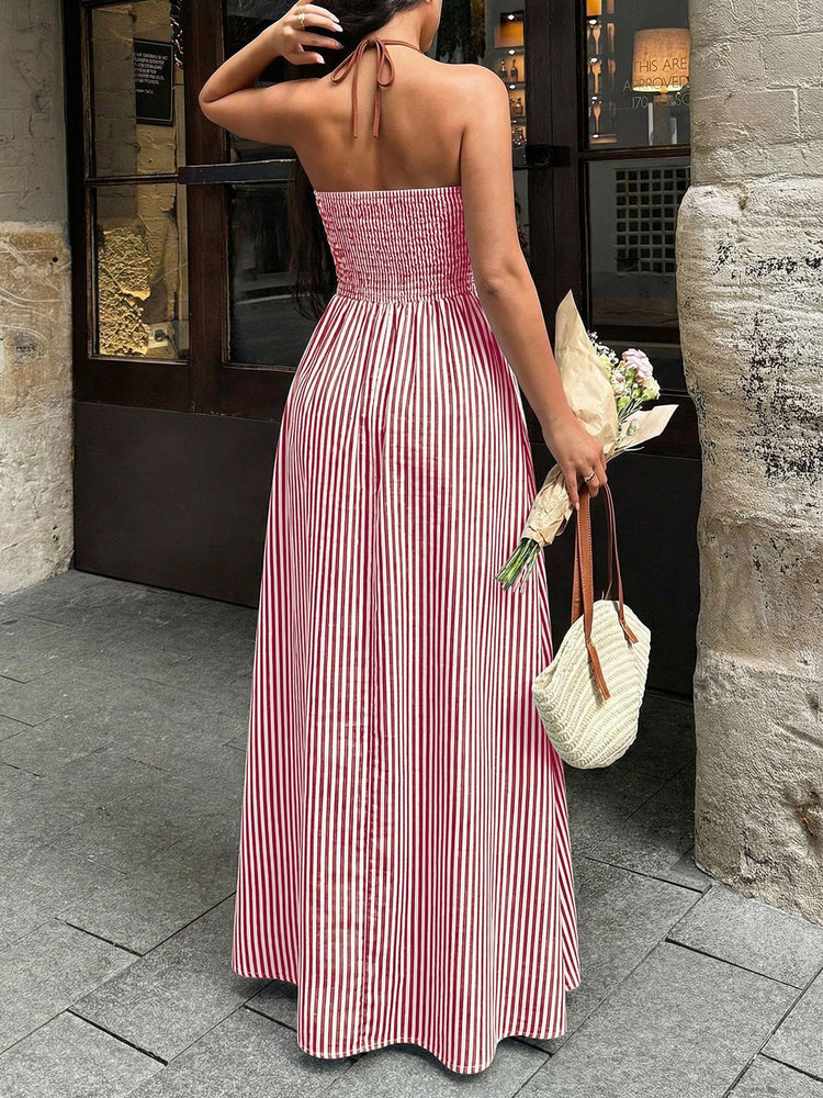 Hilary Striped Contrast Halter Maxi Dress in Red/Brown