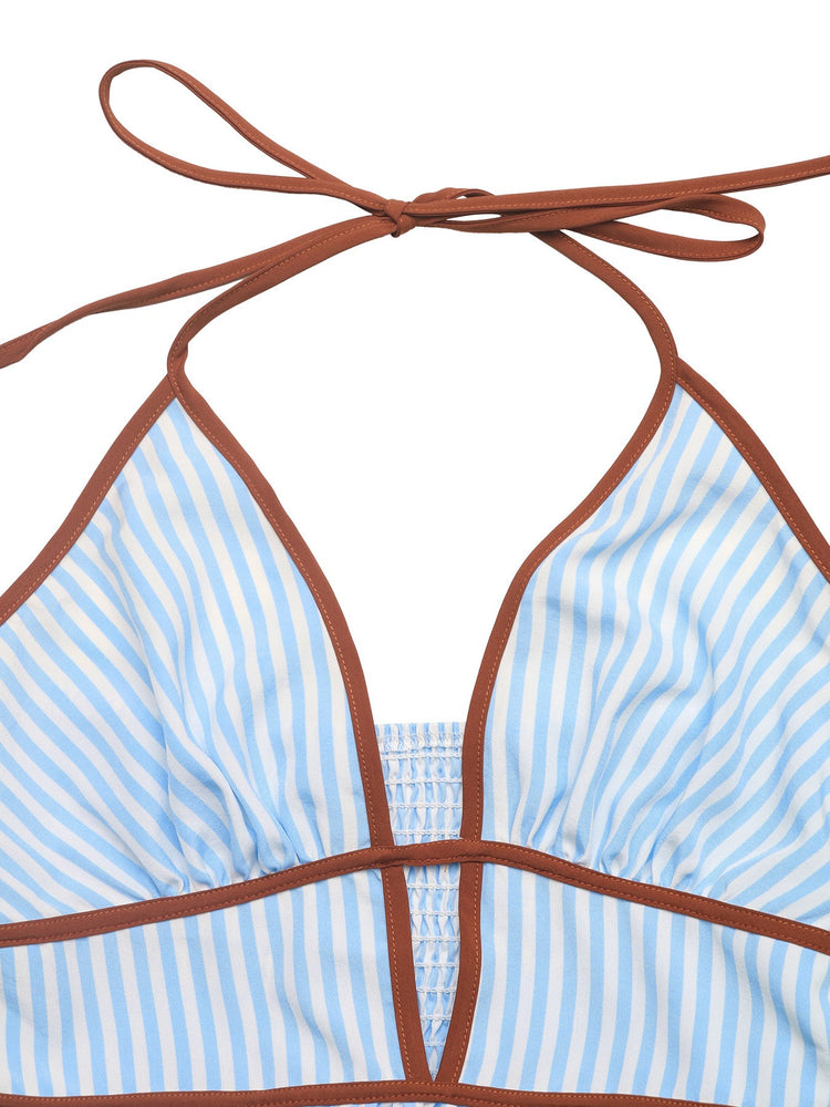 Hilary Striped Contrast Halter Maxi Dress in Light Blue/Brown