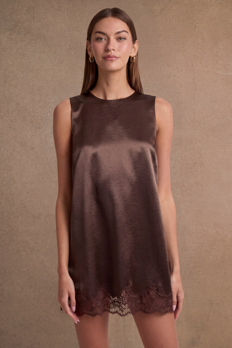 Landree Lace Satin Slip Dress in Brown