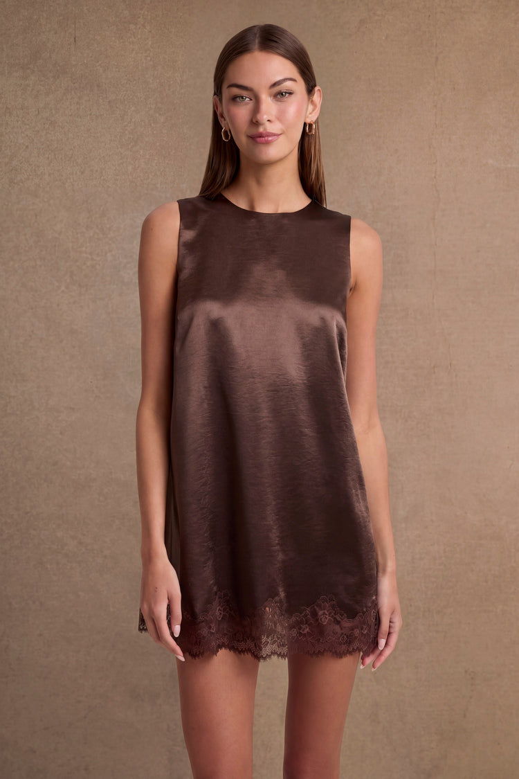 Landree Lace Satin Slip Dress in Brown