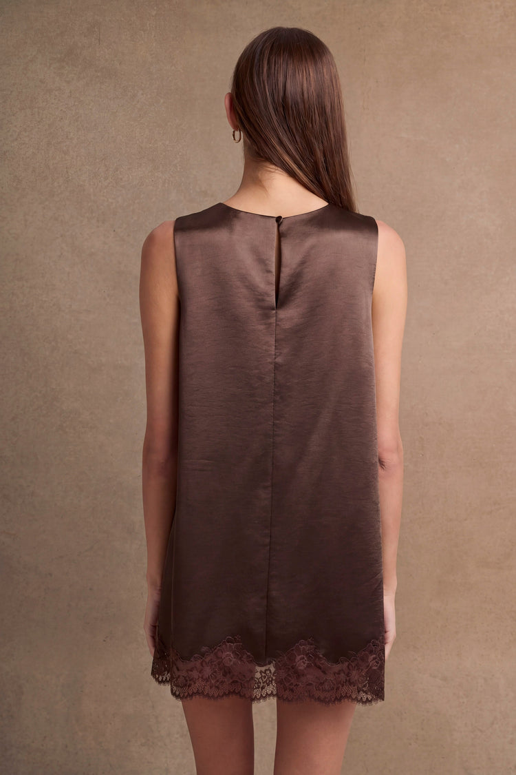 Landree Lace Satin Slip Dress in Brown