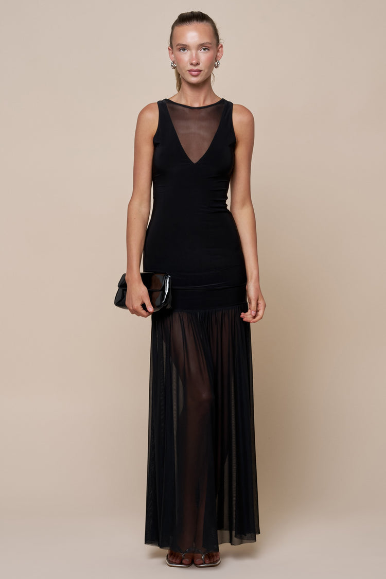 Luciane Mesh Flowy Maxi Dress in Black