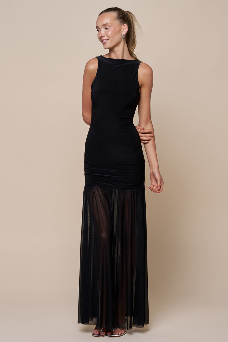 Luciane Mesh Flowy Maxi Dress in Black