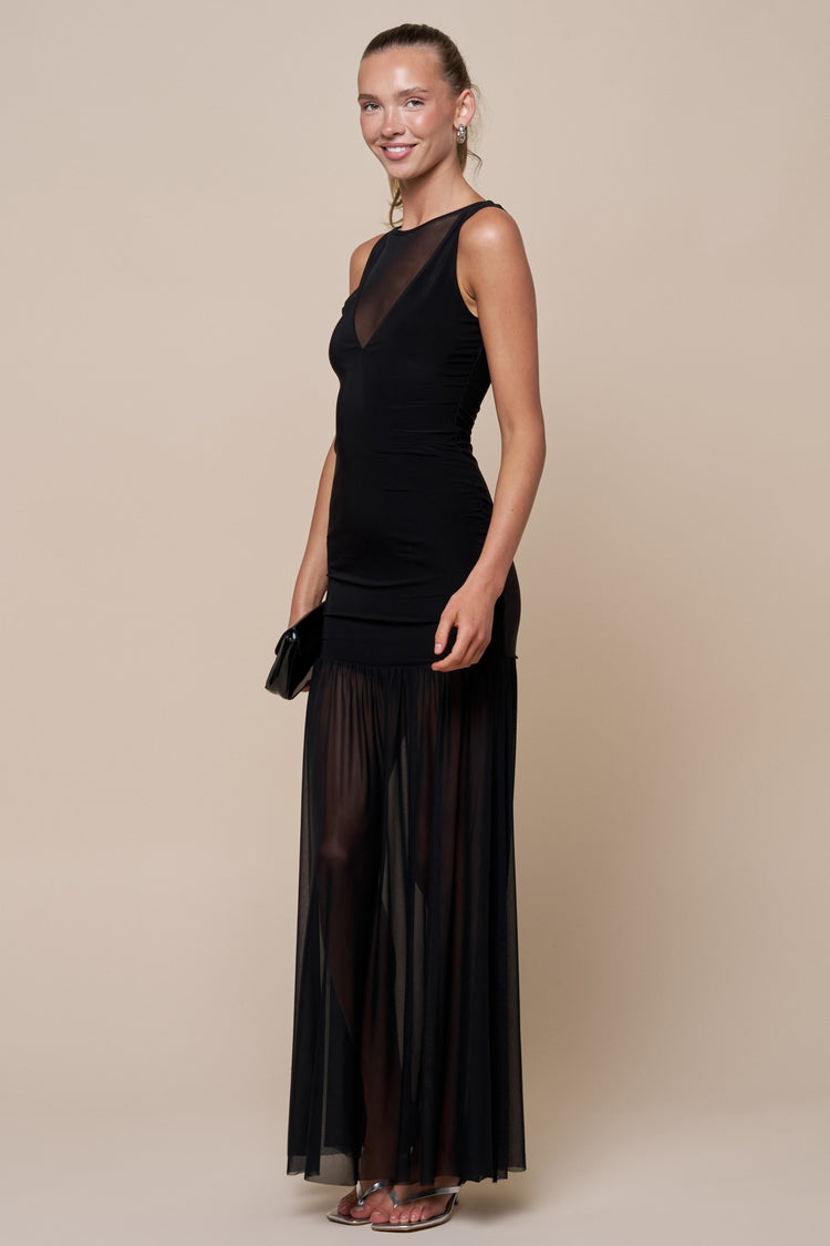 Luciane Mesh Flowy Maxi Dress in Black