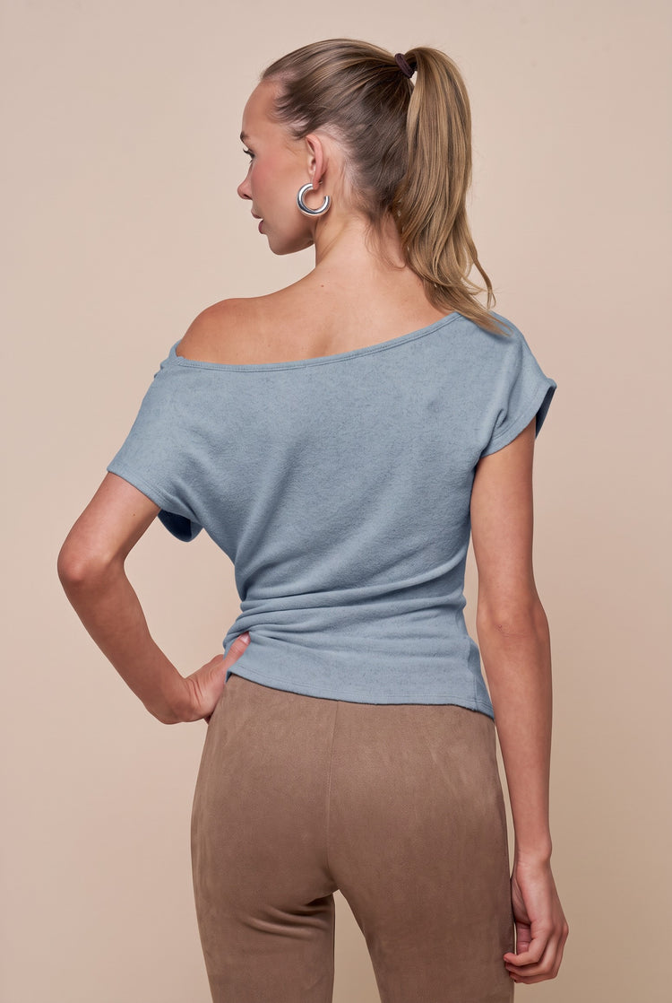 Chloe Off The Shoulder Sweater Top in Slate Blue
