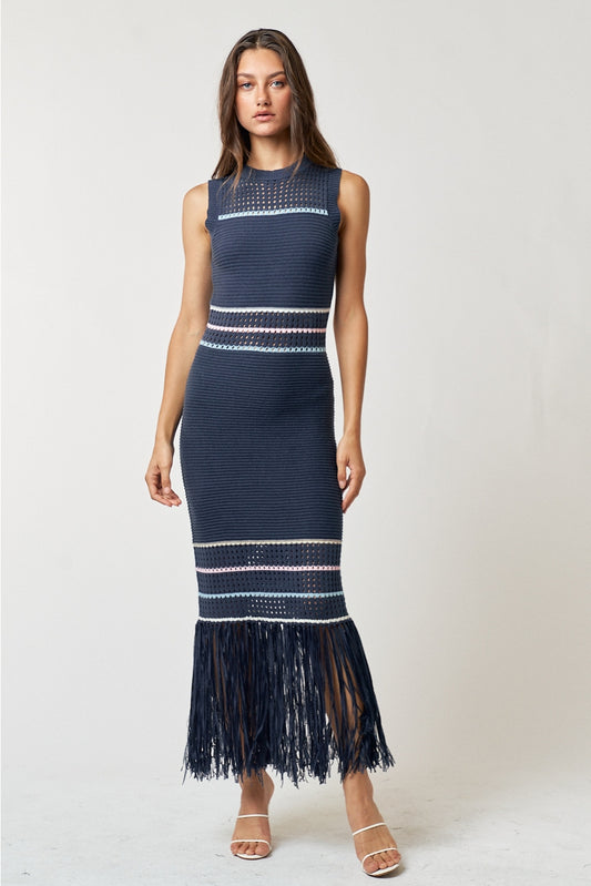 Solana Crochet Fringe Midi Dress in Navy/Multi