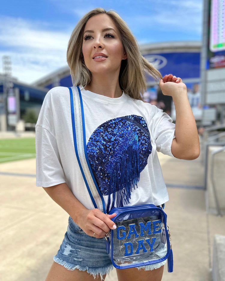 Game Day Chenille Patch Clear Stadium Bag in Blue/White