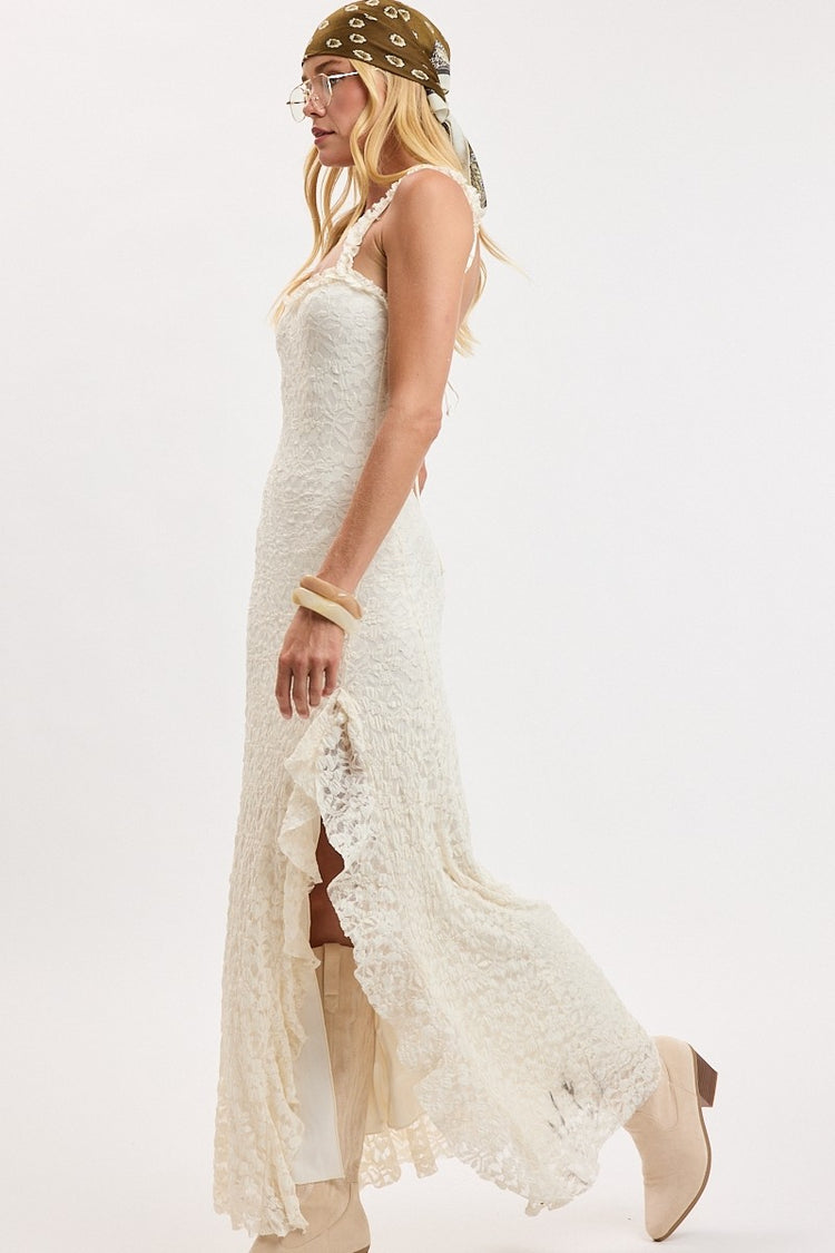 Heather Lace Ruffle Maxi Dress in Cream