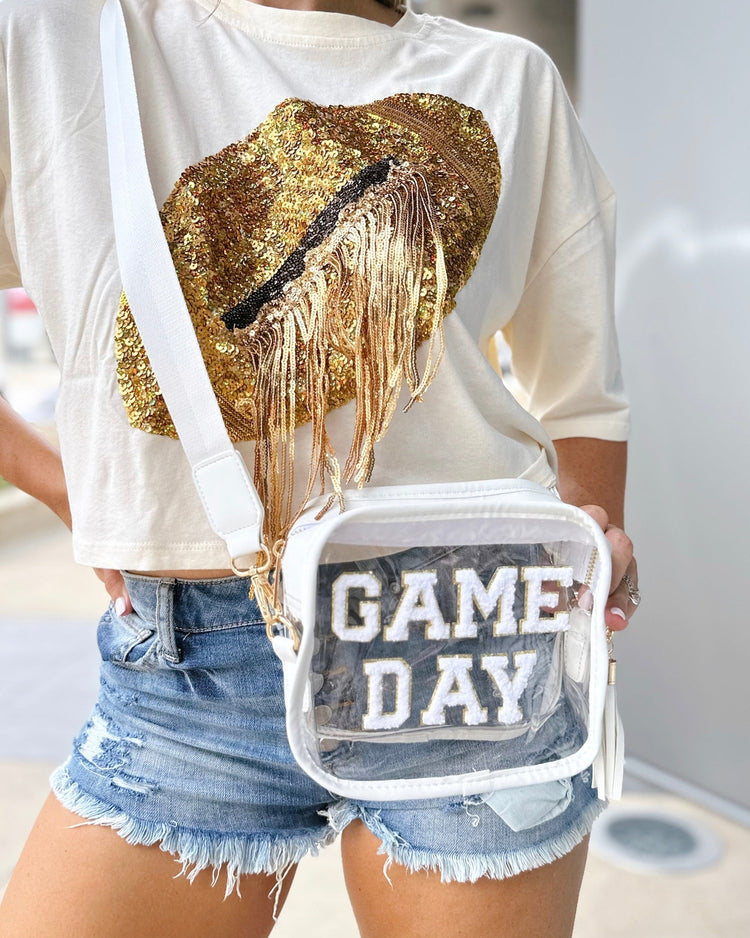 Game Day Chenille Patch Clear Stadium Bag in White/Gold