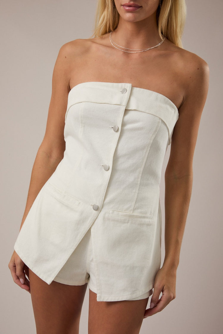 Cameron Strapless Denim Romper in White